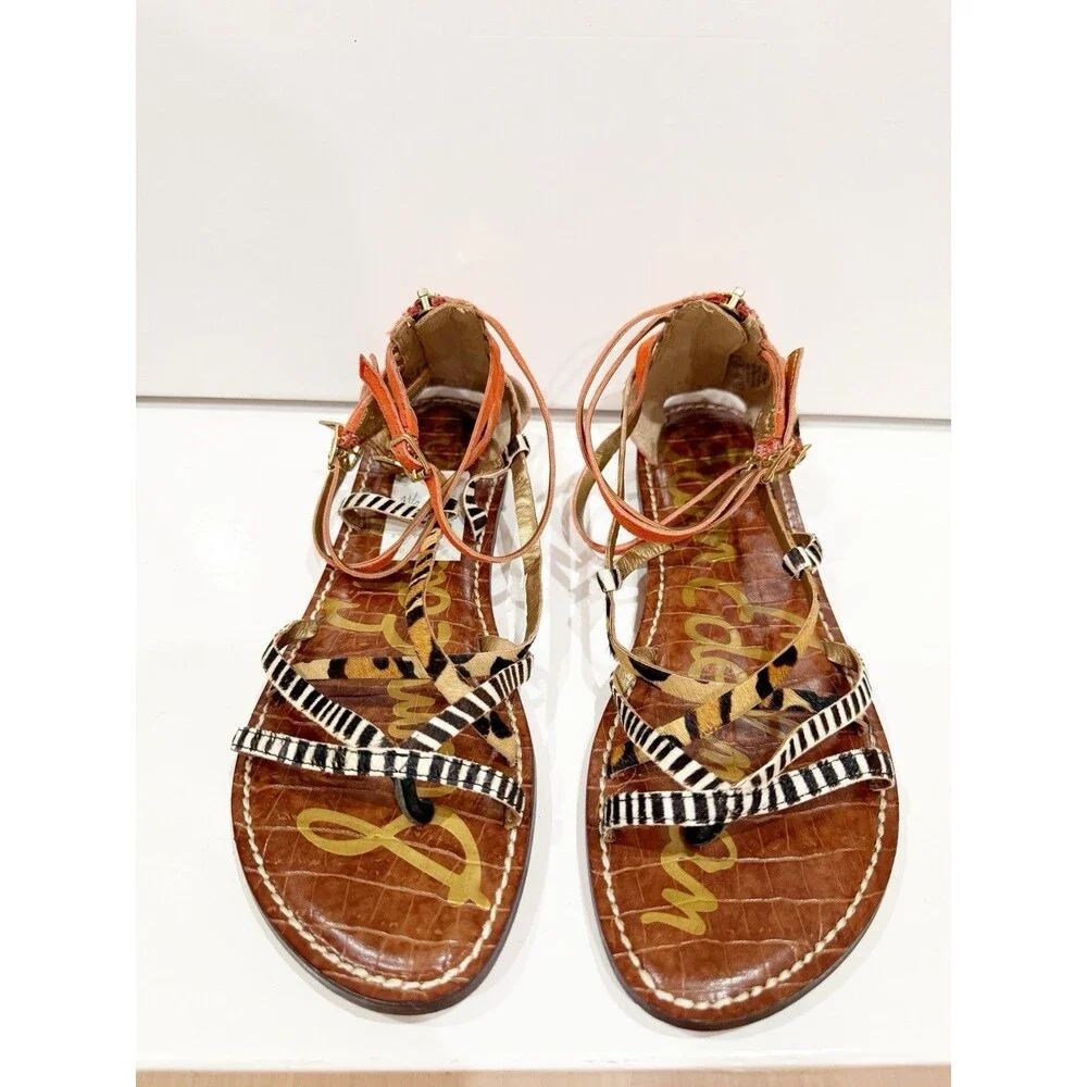 Sam Edelman Gable Women Animal Print Strappy Thong Sandals Size 8.5 M Orange EUC